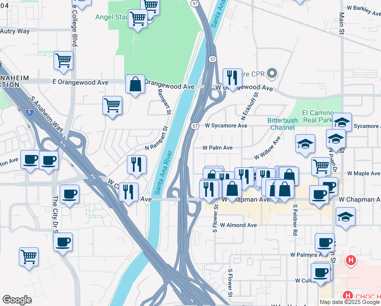 map of restaurants, bars, coffee shops, grocery stores, and more near 272 North Donneybrooke Street in Orange