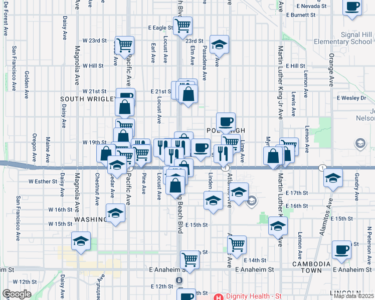 map of restaurants, bars, coffee shops, grocery stores, and more near 319 East Dayman Street in Long Beach