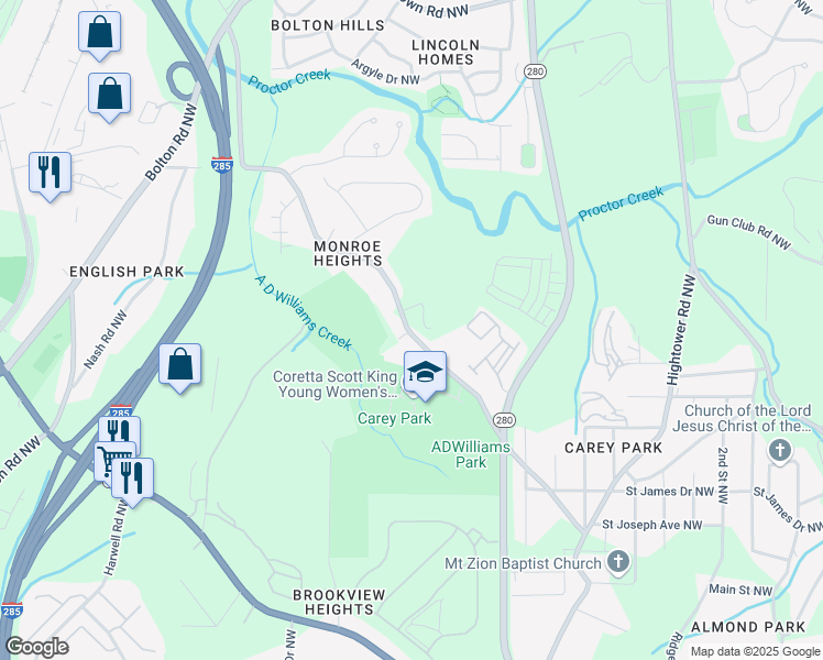map of restaurants, bars, coffee shops, grocery stores, and more near 1294 Northwest Drive Northwest in Atlanta