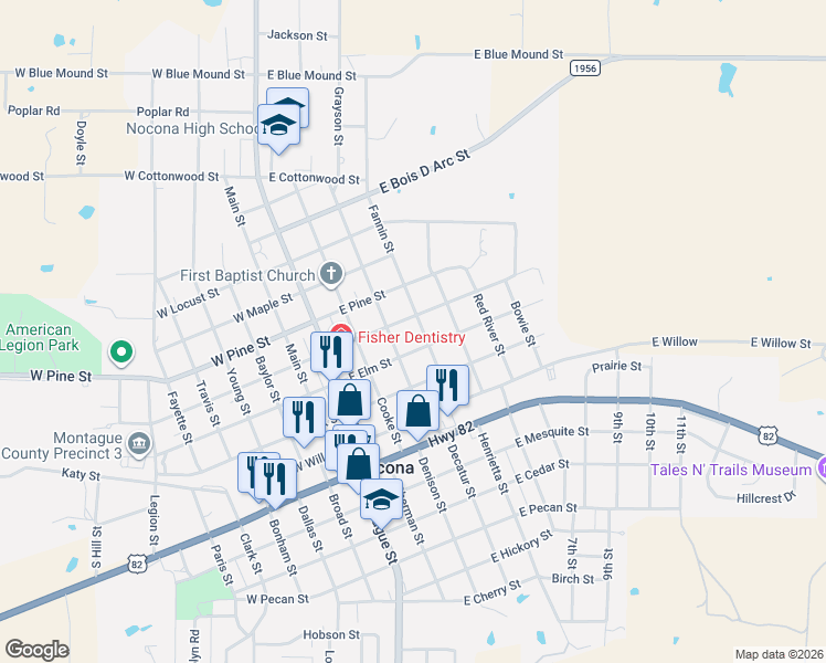 map of restaurants, bars, coffee shops, grocery stores, and more near 301 East Elm Street in Nocona