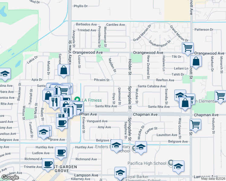 map of restaurants, bars, coffee shops, grocery stores, and more near 11791 Onyx Street in Garden Grove