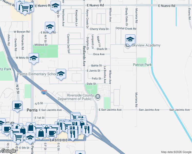 map of restaurants, bars, coffee shops, grocery stores, and more near 458 Dale Street in Perris