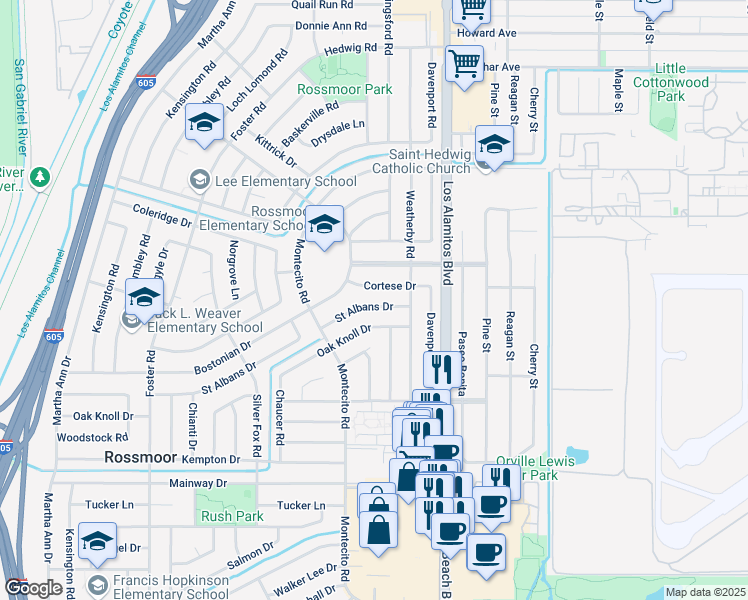 map of restaurants, bars, coffee shops, grocery stores, and more near 3302 Saint Albans Drive in Rossmoor