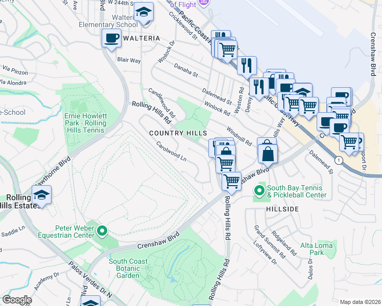 map of restaurants, bars, coffee shops, grocery stores, and more near 3018 Oakwood Lane in Torrance
