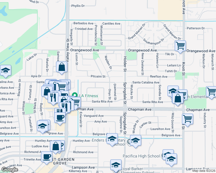 map of restaurants, bars, coffee shops, grocery stores, and more near 11791 Onyx Street in Garden Grove