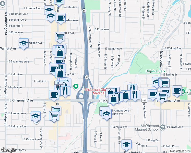 map of restaurants, bars, coffee shops, grocery stores, and more near 279 North Sacramento Street in Orange