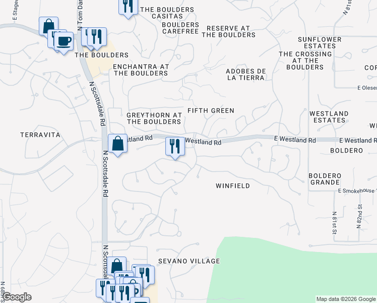 map of restaurants, bars, coffee shops, grocery stores, and more near 7456 East Soaring Eagle Way in Scottsdale
