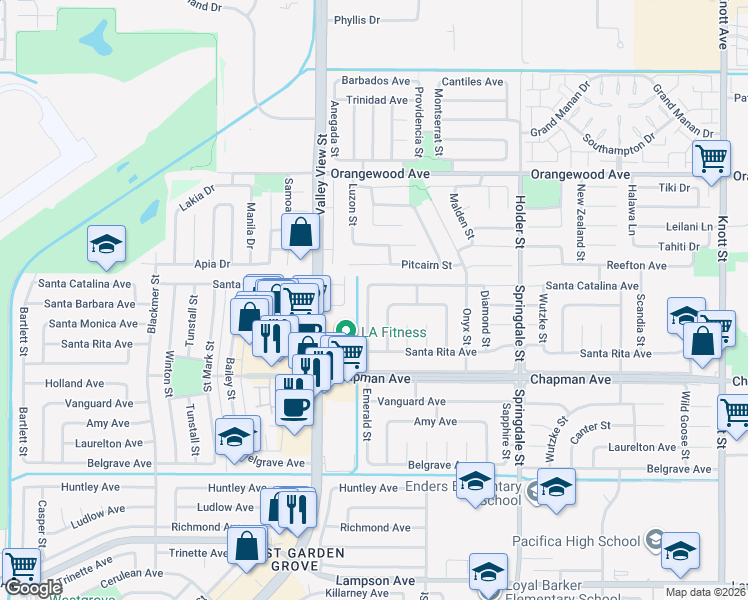 map of restaurants, bars, coffee shops, grocery stores, and more near 11852 Santa Catalina Avenue in Garden Grove