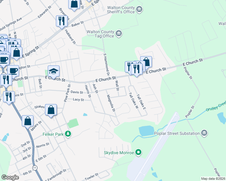 map of restaurants, bars, coffee shops, grocery stores, and more near 1010 Davis Street in Monroe