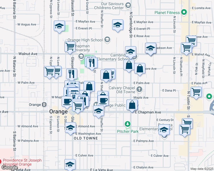 map of restaurants, bars, coffee shops, grocery stores, and more near 280 North Cleveland Street in Orange