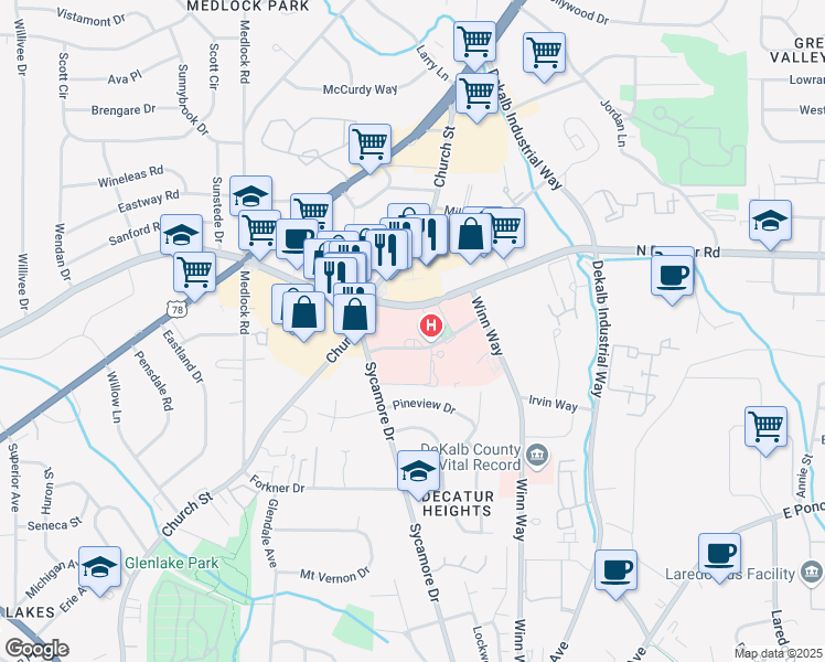 map of restaurants, bars, coffee shops, grocery stores, and more near 2665 North Decatur Road in Decatur