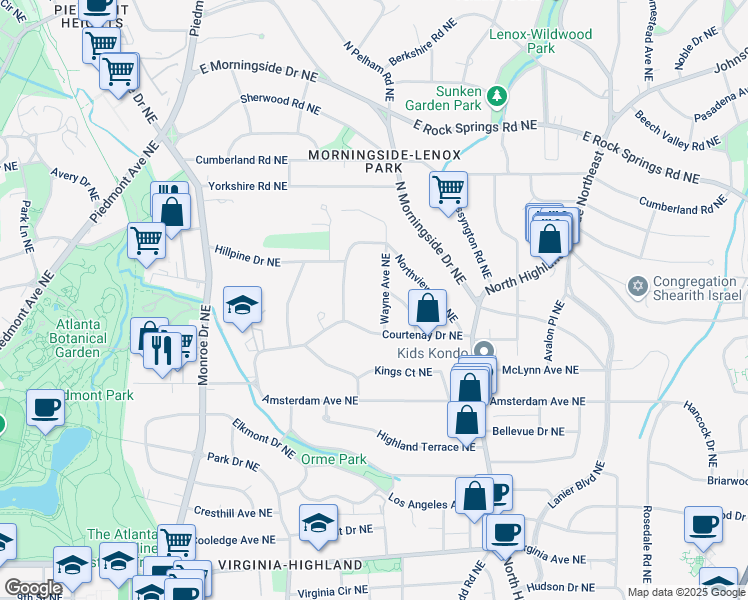 map of restaurants, bars, coffee shops, grocery stores, and more near 1338 Wayne Avenue Northeast in Atlanta
