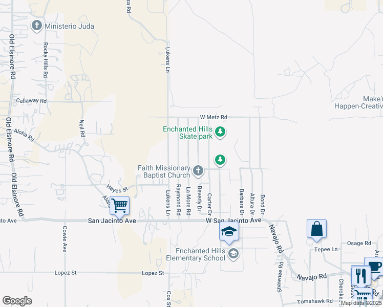 map of restaurants, bars, coffee shops, grocery stores, and more near 22678 La More Road in Perris