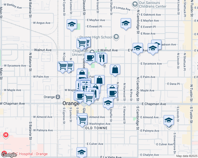 map of restaurants, bars, coffee shops, grocery stores, and more near 243 North Grand Street in Orange