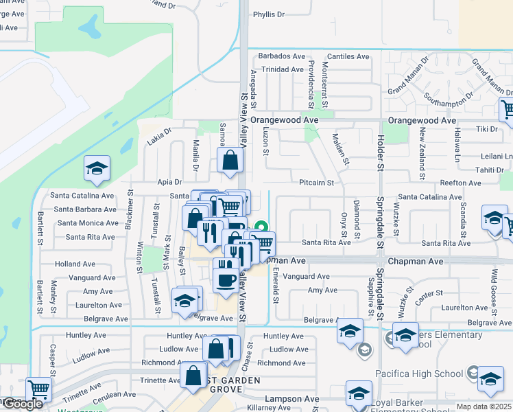 map of restaurants, bars, coffee shops, grocery stores, and more near 6051 Santa Barbara Avenue in Garden Grove