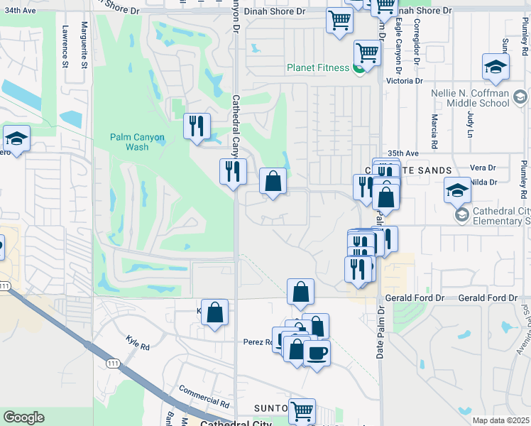 map of restaurants, bars, coffee shops, grocery stores, and more near 35200 Cathedral Canyon Drive in Cathedral City
