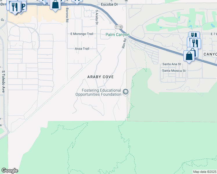 map of restaurants, bars, coffee shops, grocery stores, and more near 2355 South Bisnaga Avenue in Palm Springs
