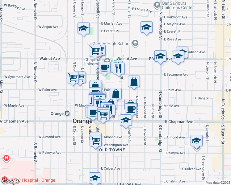 map of restaurants, bars, coffee shops, grocery stores, and more near 243 North Grand Street in Orange