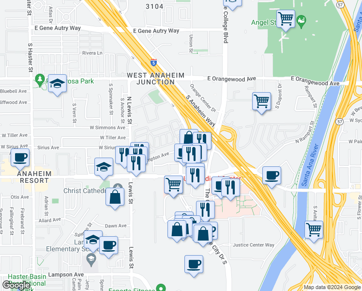 map of restaurants, bars, coffee shops, grocery stores, and more near 3741 West Chapman Avenue in Orange