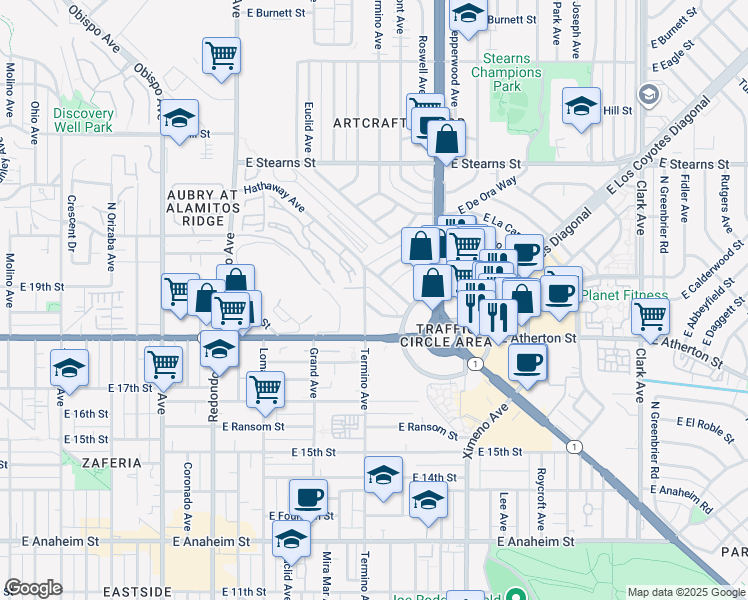 map of restaurants, bars, coffee shops, grocery stores, and more near 1803 Termino Avenue in Long Beach