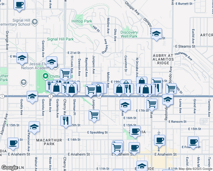 map of restaurants, bars, coffee shops, grocery stores, and more near 1836 Molino Avenue in Signal Hill