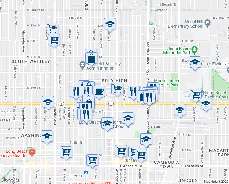 map of restaurants, bars, coffee shops, grocery stores, and more near 1834 Atlantic Avenue in Long Beach