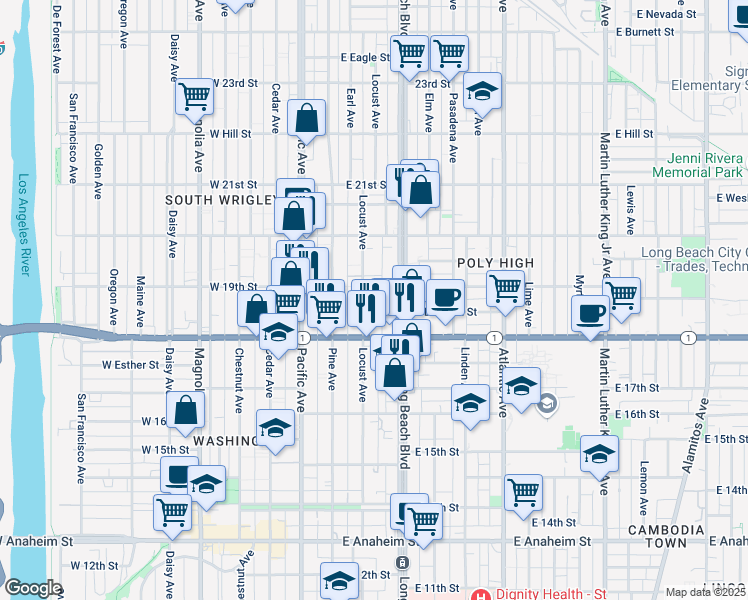 map of restaurants, bars, coffee shops, grocery stores, and more near 1832 Locust Avenue in Long Beach