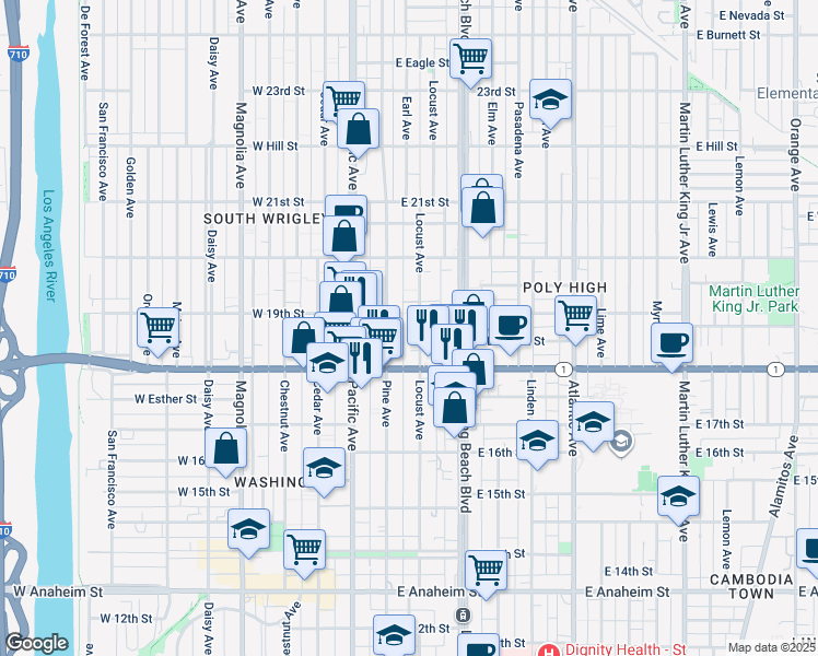 map of restaurants, bars, coffee shops, grocery stores, and more near 1832 Locust Avenue in Long Beach