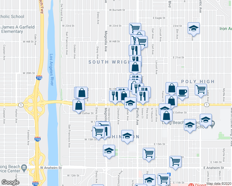map of restaurants, bars, coffee shops, grocery stores, and more near 1825 Chestnut Avenue in Long Beach