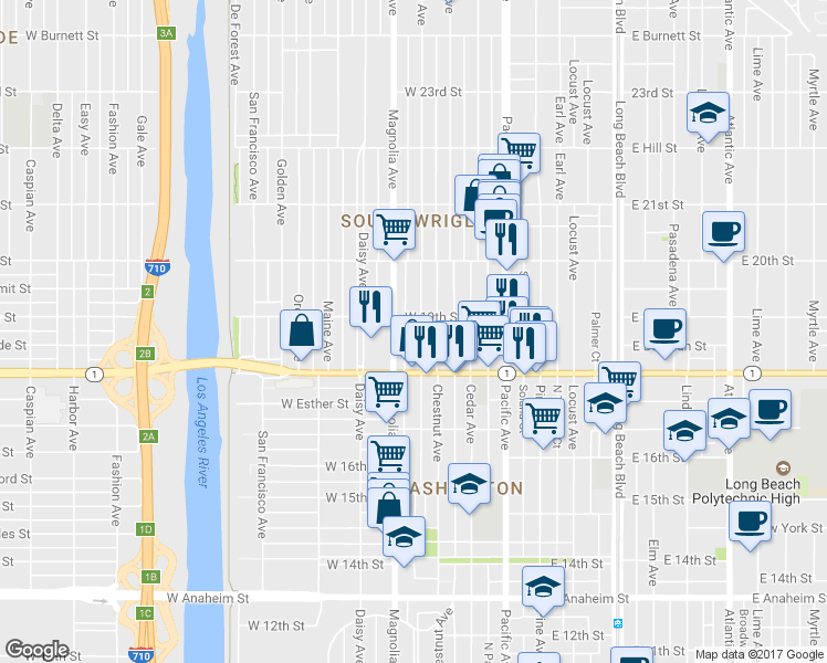 map of restaurants, bars, coffee shops, grocery stores, and more near in Long Beach