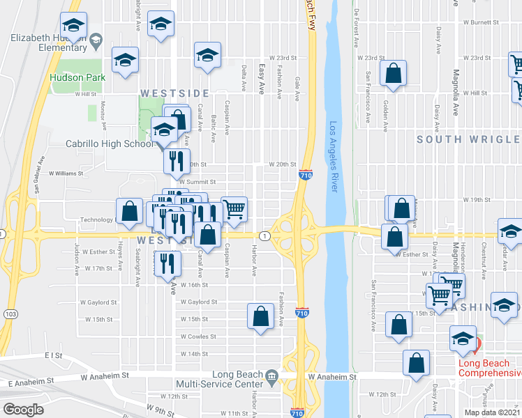 map of restaurants, bars, coffee shops, grocery stores, and more near 1831 Harbor Avenue in Long Beach