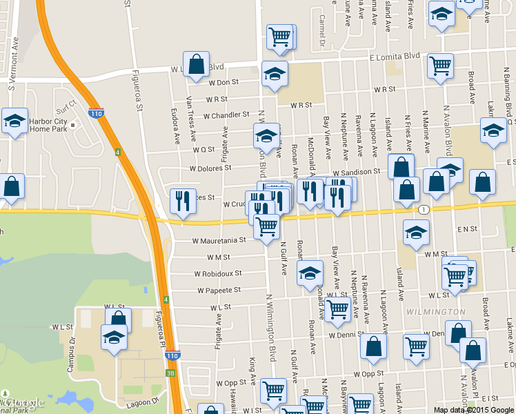 map of restaurants, bars, coffee shops, grocery stores, and more near 1403 Wilmington Boulevard in Los Angeles