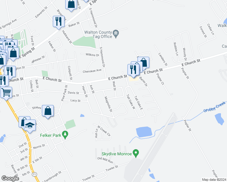 map of restaurants, bars, coffee shops, grocery stores, and more near 1005 New Lacy Street in Monroe