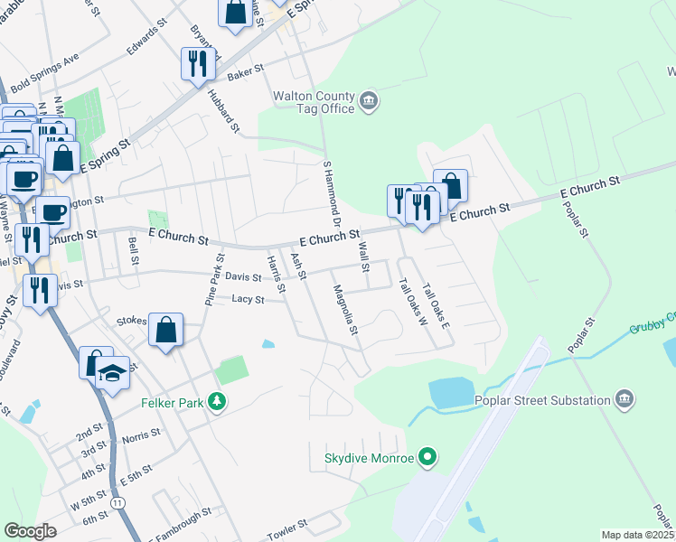 map of restaurants, bars, coffee shops, grocery stores, and more near 405 Ash Street in Monroe