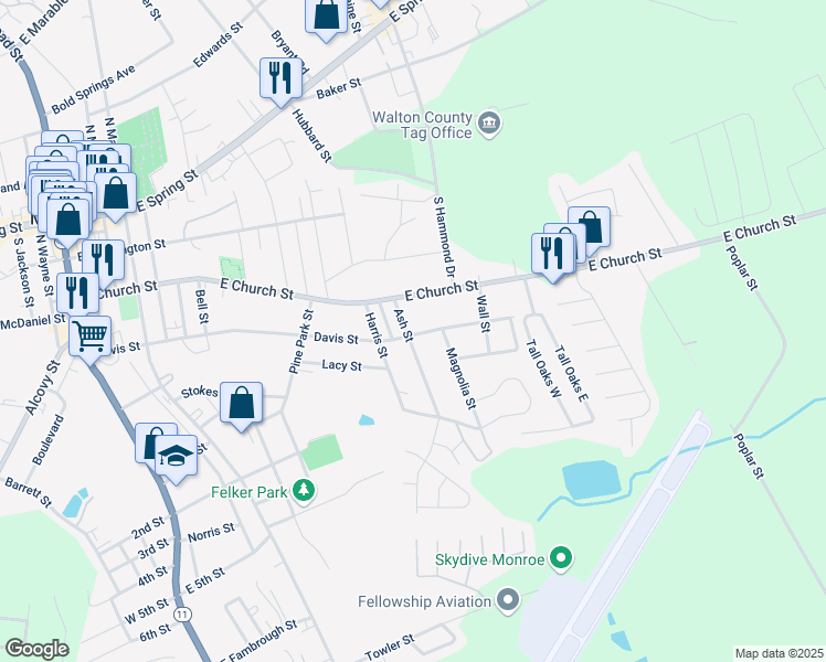 map of restaurants, bars, coffee shops, grocery stores, and more near 406 Ash Street in Monroe