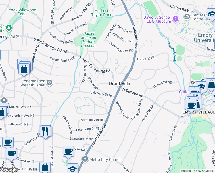 map of restaurants, bars, coffee shops, grocery stores, and more near 1212 Villa Drive Northeast in Atlanta