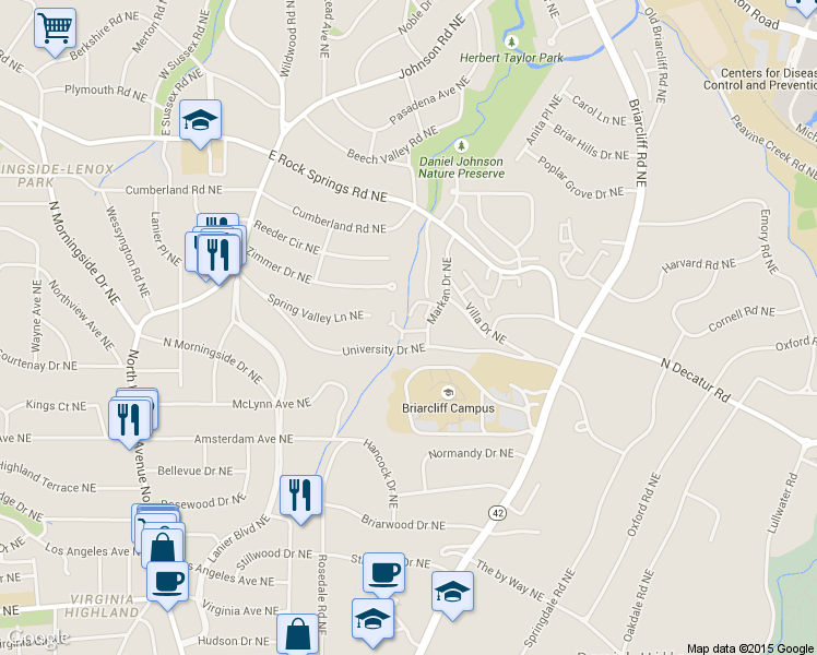 map of restaurants, bars, coffee shops, grocery stores, and more near 1104 Woodbridge Hollow Northeast in Atlanta