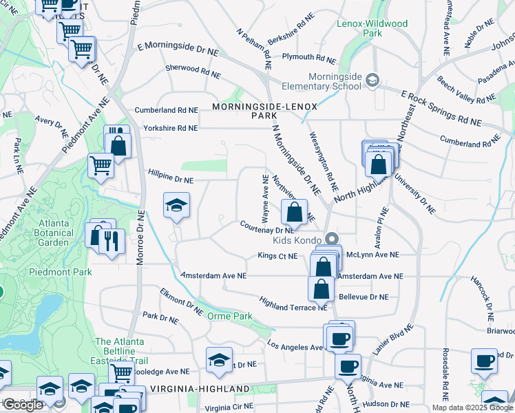 map of restaurants, bars, coffee shops, grocery stores, and more near 1338 Wayne Avenue Northeast in Atlanta