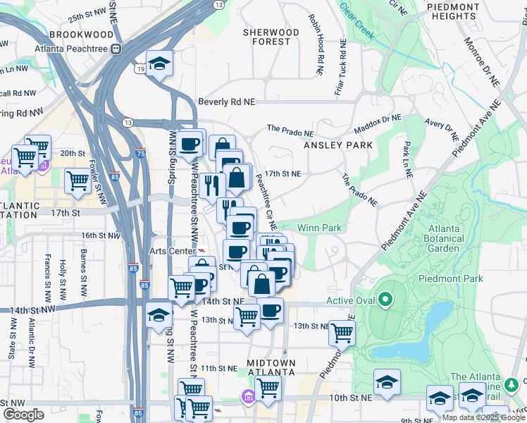 map of restaurants, bars, coffee shops, grocery stores, and more near 1307 Peachtree Street Northeast in Atlanta