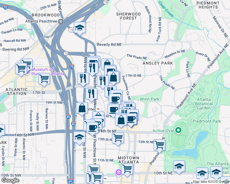map of restaurants, bars, coffee shops, grocery stores, and more near 1315 Peachtree Street Northeast in Atlanta