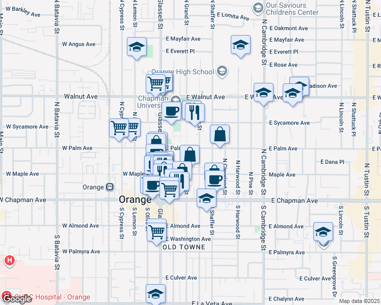 map of restaurants, bars, coffee shops, grocery stores, and more near 281 North Grand Street in Orange