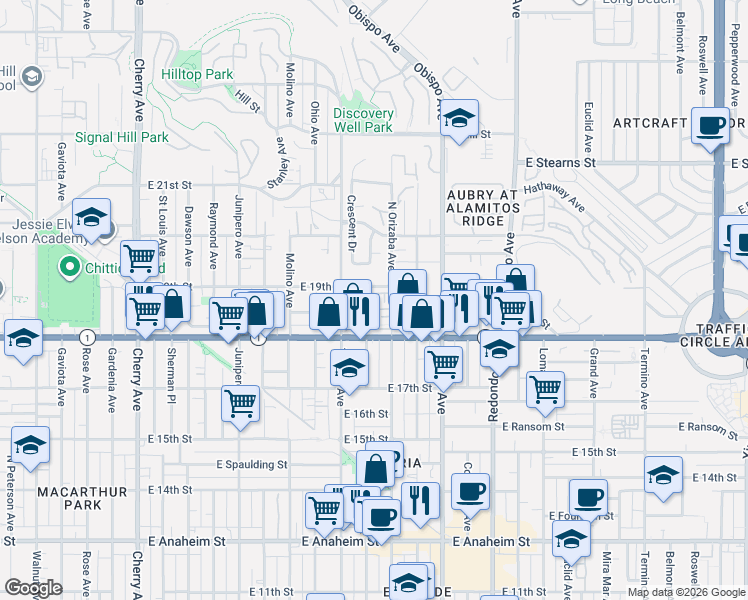 map of restaurants, bars, coffee shops, grocery stores, and more near 1895 North Orizaba Avenue in Signal Hill