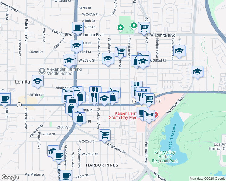 map of restaurants, bars, coffee shops, grocery stores, and more near 1428 256th Street West in Los Angeles