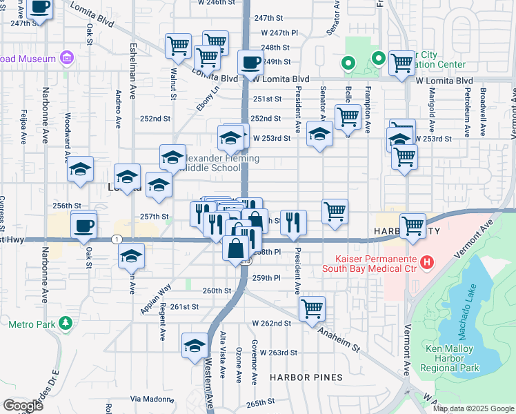 map of restaurants, bars, coffee shops, grocery stores, and more near 1664 257th Street in Los Angeles