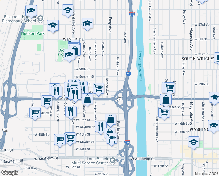 map of restaurants, bars, coffee shops, grocery stores, and more near 1870 Harbor Avenue in Long Beach