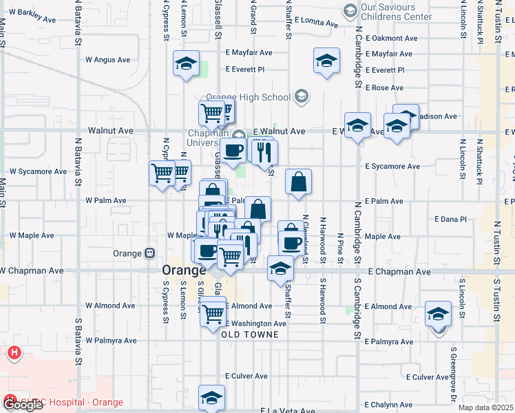 map of restaurants, bars, coffee shops, grocery stores, and more near 281 North Grand Street in Orange