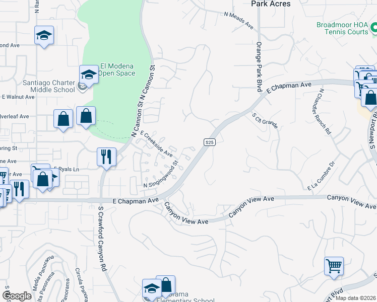 map of restaurants, bars, coffee shops, grocery stores, and more near 307 North Singingwood Street in Orange