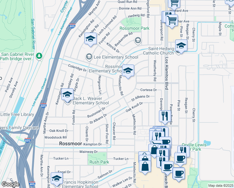 map of restaurants, bars, coffee shops, grocery stores, and more near 11822 Harrisburg Road in Rossmoor