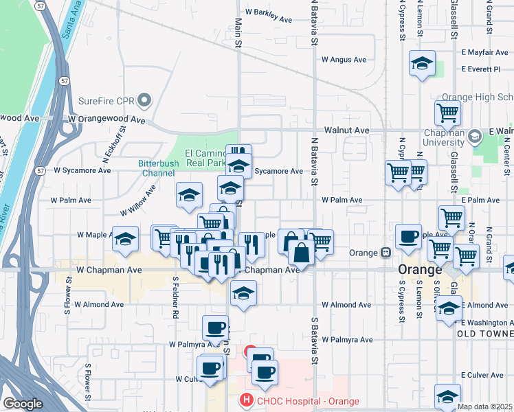 map of restaurants, bars, coffee shops, grocery stores, and more near 1230 West Palm Avenue in Orange