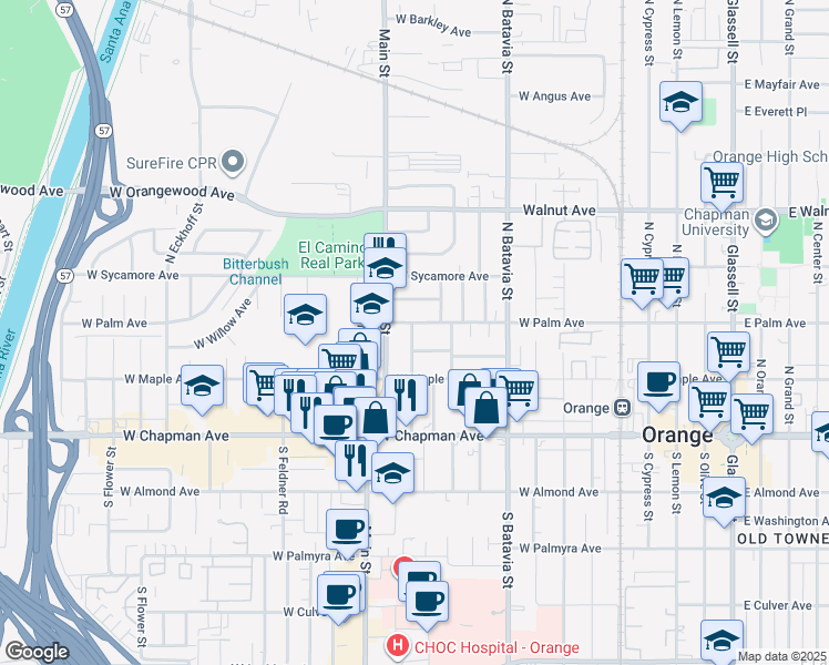 map of restaurants, bars, coffee shops, grocery stores, and more near 1232 West Palm Avenue in Orange
